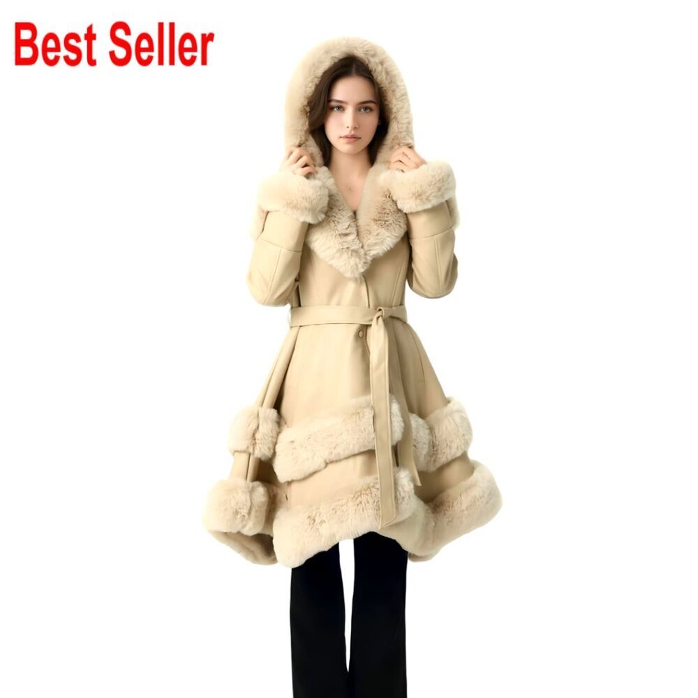 Faux Leather Faux Fur Lined Hooded Winter Coat Long Jacket